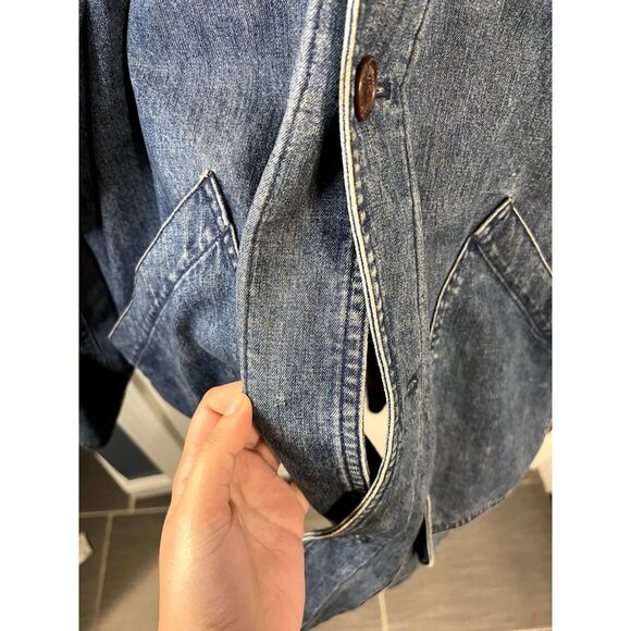 Vintage Land's End Denim Chore Jacket Plaid Lined with Leather Collar Size Large - Picture 7 of 9